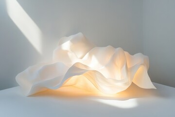 Poster - Ethereal light creates a mesmerizing play of shadows on a delicate white sculpture in a minimalist space. Generative AI