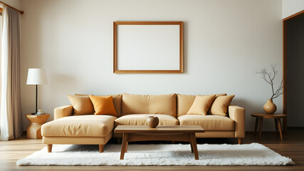 Wall Mural - Modern Living Room Mockup: A stylish and minimalist living room interior features a beige sectional sofa, a wooden coffee table, a fluffy rug, and a large empty picture frame.