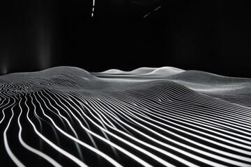 Poster - Illuminated undulating waves create a mesmerizing landscape of light in an art installation during a night exhibition. Generative AI