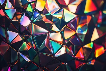 Poster - Vibrant reflections dance across a kaleidoscopic surface of shimmering geometric shapes under soft ambient light. Generative AI