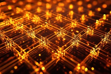 Poster - Intricate golden patterns dance in a mesmerizing grid on a dark canvas, revealing a blend of light and depth. Generative AI