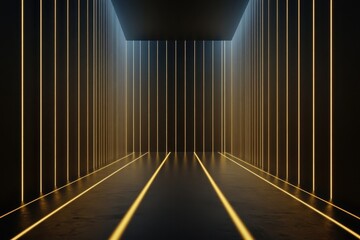 Poster - Illuminated corridor with vertical lines radiating golden light in a modern, minimalist space. Generative AI