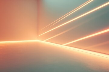 Poster - Vibrant light patterns create a dynamic atmosphere in a modern minimalist room at dusk in an artistic exploration of color. Generative AI