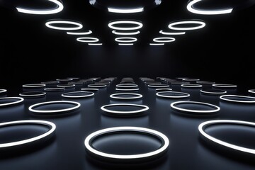 Poster - Illuminated rings create an enchanting atmosphere in a modern black space during an artistic installation. Generative AI
