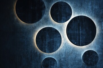 Poster - Contemporary art installation features glowing circular cutouts against a dark textured wall. Generative AI