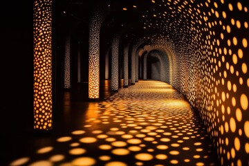 Poster - Patterns of light illuminate a mesmerizing tunnel of shadows in an art installation filled with wonder and creativity. Generative AI