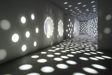 Poster - Light patterns dance across the walls of an artistic corridor in a contemporary space filled with circular shadows. Generative AI