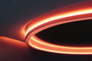 Poster - Illuminated ceiling design with bold orange lines creating an inviting atmosphere in modern architecture. Generative AI