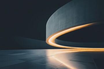 Poster - Curved light illuminates a modern architectural masterpiece in a serene night setting. Generative AI