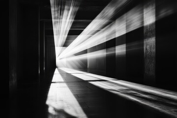 Poster - Light beams cut through shadows in an enigmatic corridor creating a mesmerizing play of illumination and darkness. Generative AI