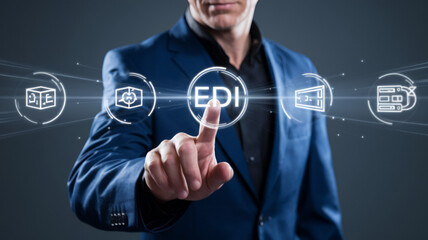 Poster - Global Business Data Exchange: EDI Concept. A businessman interacts with digital EDI icons, symbolizing secure global data transfer and efficient     