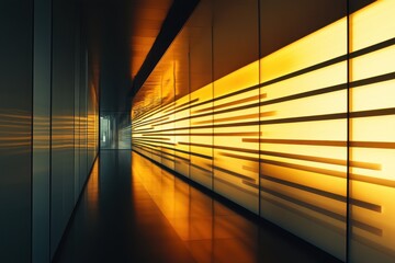 Poster - Golden reflections illuminate a modern corridor during twilight, creating a mesmerizing play of light and shadow. Generative AI