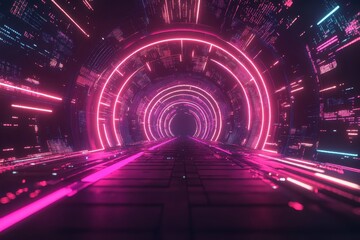 Poster - Vivid neon tunnel illuminated by vibrant lights and digital patterns in a futuristic setting of endless motion. Generative AI