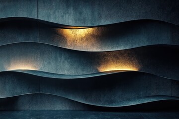 Poster - Textured waves of light and shadow flowing across a modern architectural backdrop in an elegantly designed interior space. Generative AI
