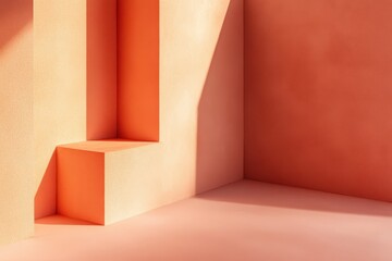 Poster - Vibrant peachy tones embrace simplicity in a sunlit corner of modern architecture during the golden hour. Generative AI