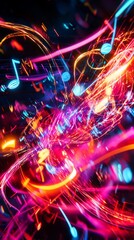 Fototapete - Abstract music notes burst with vibrant energy and glowing neon lights in a dynamic display