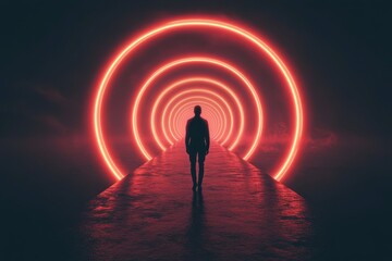 Poster - Journey through ethereal neon circles at the edge of a surreal pathway under a darkened sky. Generative AI