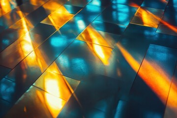 Poster - Reflections and light dance across vibrant, polished tiles in an enchanting space during the golden hour of sunset. Generative AI