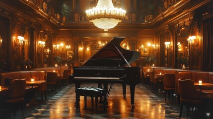Poster - A grand piano takes center stage in an opulent lounge, surrounded by warm lighting from candles and a stunning chandelier above. The rich decor enhances the ambiance.
