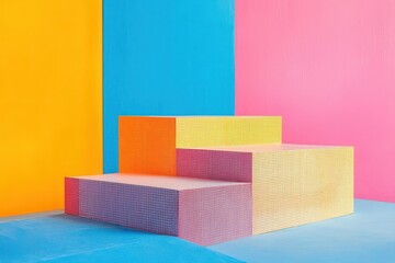 Poster - Vibrant geometric structures contrast against a backdrop of bright colors in a modern artistic environment. Generative AI