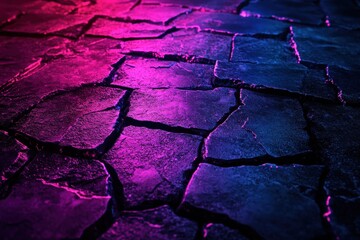 Poster - Vivid cracked surface illuminated by vibrant purple and blue lighting at night, showcasing an artistic display of color and texture. Generative AI