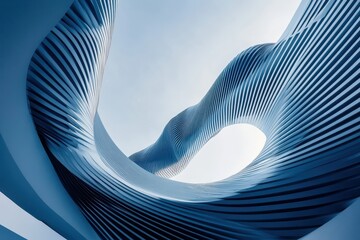 Poster - Architectural marvel twists upward against a bright, expansive sky in a stunning blend of blue and white hues. Generative AI