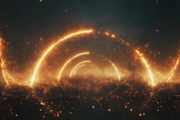 Poster - Captivating display of glowing arcs illuminating a foggy landscape at twilight with reflections shimmering on water. Generative AI