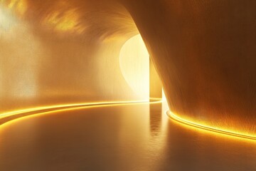 Poster - Golden light beckons through a serene archway in a futuristic corridor at dusk. Generative AI