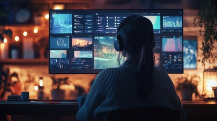 Poster - Woman edits video at home, night, monitor displays data