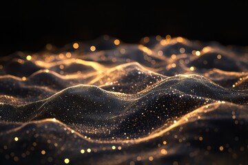Poster - Golden waves of light shimmer across a dark landscape, creating an enchanting and mesmerizing visual experience at dusk. Generative AI