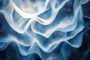 Poster - Translucent waves of blue fabric create a dreamlike atmosphere in soft layers and gentle curves. Generative AI