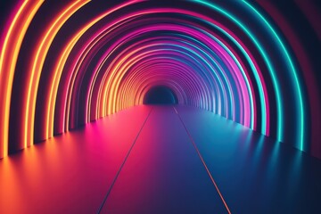 Poster - Vibrant neon tunnel invites exploration through glowing arches in an abstract landscape at twilight. Generative AI