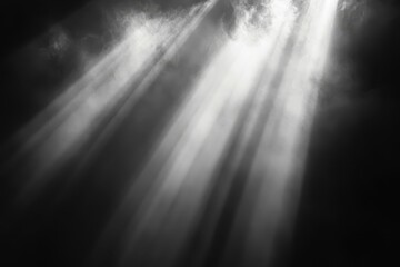 Poster - Mysterious beams of light breaking through dark clouds create an ethereal atmosphere in an enchanted night sky. Generative AI