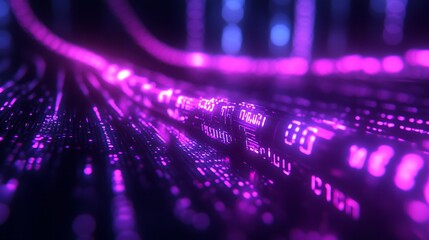 3D purple and black digital chain with binary code background
