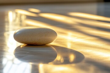 Poster - Soft light bathes a smooth stone as shadows dance across a serene surface in a tranquil indoor setting. Generative AI