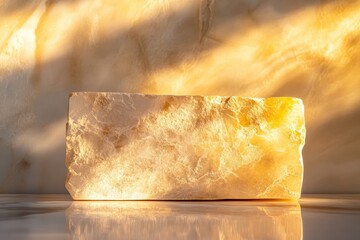 Poster - Glistening amber block illuminated by warm sunlight against a textured background in a serene indoor setting. Generative AI