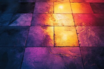 Poster - Dazzling reflections dance upon vibrant tiles after a summer rain in a quiet urban courtyard. Generative AI