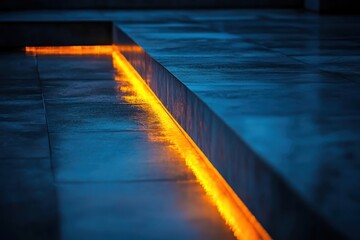 Poster - Reflections of urban tranquility in the twilight glow of illuminated walkways near a serene water feature. Generative AI