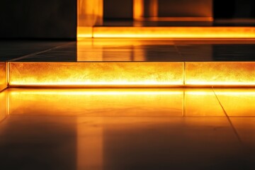 Poster - Warm golden glow highlights the sleek modern flooring in an elegant indoor space during the evening hours. Generative AI