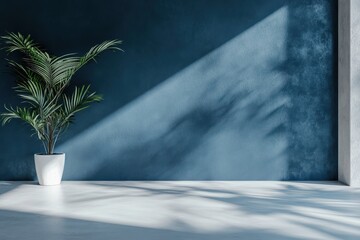 Poster - Sunlight casts dramatic shadows on a modern interior with a potted palm against a rich blue wall, creating a serene atmosphere. Generative AI