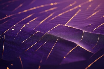Poster - Captivating patterns of golden lines interwoven on a rich purple fabric create a mesmerizing visual tapestry in soft lighting. Generative AI