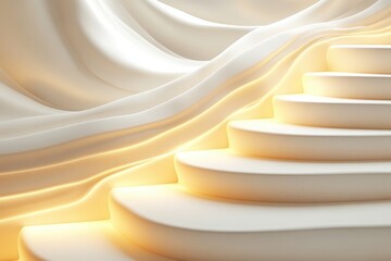 Poster - Softly lit stairs ascend through flowing drapes, creating a serene atmosphere of elegance and tranquility at dawn. Generative AI