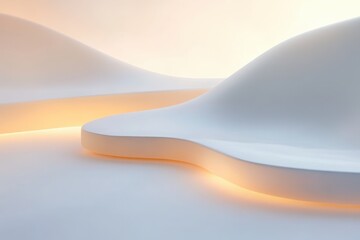 Poster - Surreal landscape of smooth white hills bathed in golden light at dawn, creating a tranquil and dreamlike atmosphere. Generative AI