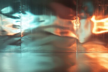 Poster - Vibrant reflections dance across metallic surfaces in a creative artistic space filled with colorful illumination. Generative AI