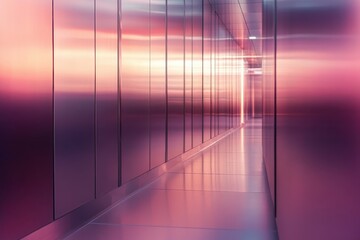 Poster - Reflections of dusk illuminate a modern corridor in vibrant hues of pink and purple. Generative AI