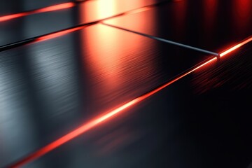 Poster - Shadows and reflections dance across sleek black tiles illuminated by vibrant red light in a modern interior design. Generative AI