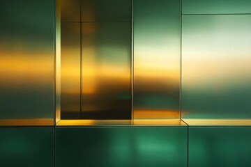 Poster - Reflections of light dance upon sleek metallic surfaces in a modern architectural setting at dusk. Generative AI