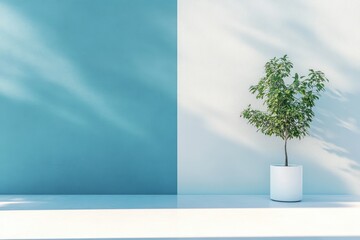 Poster - Modern indoor space featuring a small lush tree against a minimalist blue and white wall during bright daylight. Generative AI