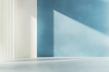 Poster - Quiet contemplation in a serene space with soft light casting shadows on calming blue and white walls. Generative AI