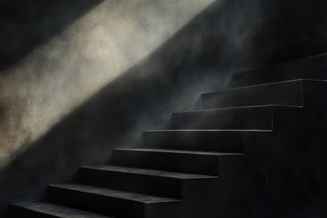 Poster - Mysterious light cascading down a rustic staircase in a dimly lit space during the quiet hours of the early evening. Generative AI